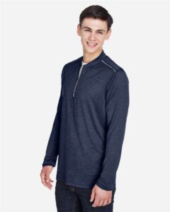 CORE365 CE401 Men’s Kinetic Performance Quarter-Zip Pullover – Classic Navy Heather/ Carbon (on model side)