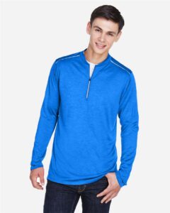 CORE365 CE401 Men’s Kinetic Performance Quarter-Zip Pullover – True Royal/ Carbon (on model)