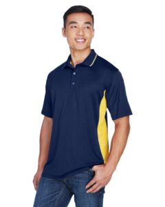 UltraClub 8406 Men’s Cool & Dry Sport Two-Tone Polo – Navy/ Gold (on model side)