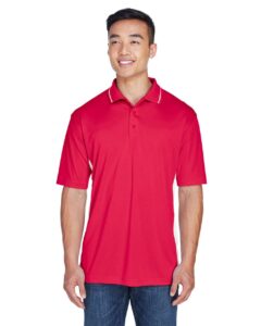 UltraClub 8406 Men’s Cool & Dry Sport Two-Tone Polo – Red/ White (on model)