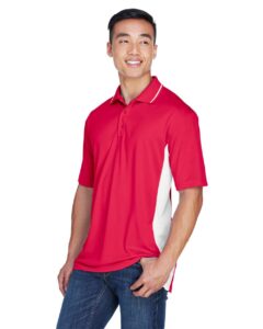 UltraClub 8406 Men’s Cool & Dry Sport Two-Tone Polo – Red/ White (on model side)
