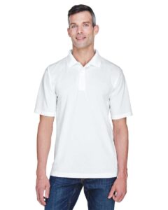 UltraClub 8445 Men’s Cool & Dry Stain-Release Performance Polo – White (on model)