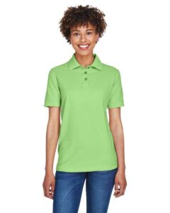 UltraClub 8541 Women’s Whisper Pique Polo – Apple (on model)
