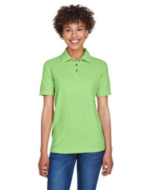 UltraClub 8541 Women’s Whisper Pique Polo – Apple (on model)