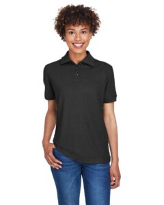 UltraClub 8541 Women’s Whisper Pique Polo – Black (on model)