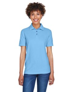 UltraClub 8541 Women’s Whisper Pique Polo – Cornflower (on model)