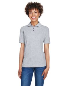 UltraClub 8541 Women’s Whisper Pique Polo – Heather Grey (on model)