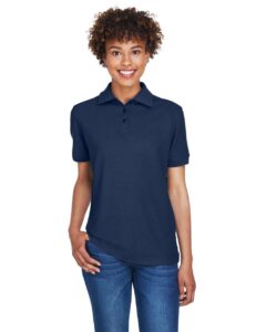 UltraClub 8541 Women’s Whisper Pique Polo – Navy (on model)