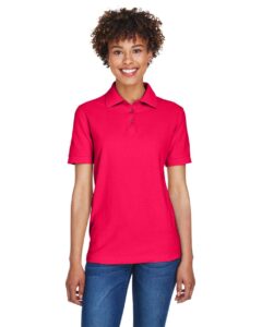 UltraClub 8541 Women’s Whisper Pique Polo – Red (on model)