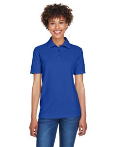 UltraClub 8541 Women’s Whisper Pique Polo – Royal (on model)