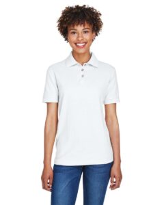 UltraClub 8541 Women’s Whisper Pique Polo – White (on model)