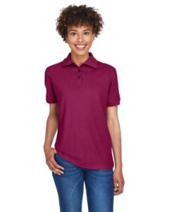 UltraClub 8541 Women’s Whisper Pique Polo – Wine (on model)