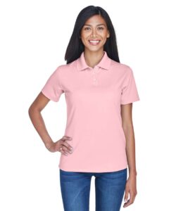 UltraClub 8445L Women’s Cool & Dry Stain-Release Performance Polo – Pink (on model)