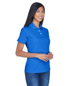 UltraClub 8445L Women’s Cool & Dry Stain-Release Performance Polo – Royal (on model side)
