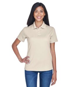 UltraClub 8445L Women’s Cool & Dry Stain-Release Performance Polo – Stone (on model)
