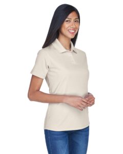 UltraClub 8445L Women’s Cool & Dry Stain-Release Performance Polo – Stone (on model side)