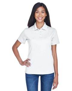 UltraClub 8445L Women’s Cool & Dry Stain-Release Performance Polo – White (on model)