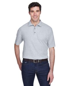 UltraClub 8540 Men’s Whisper Piqué Polo – Heather Grey (on model)