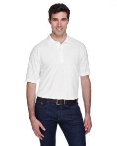 UltraClub 8540 Men’s Whisper Piqué Polo – White (on model)