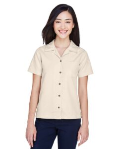 UltraClub 8981 Women’s Cabana Breeze Camp Shirt – Stone (on model)