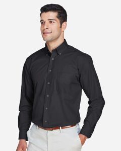 Devon & Jones D620 Men’s Crown Collection® Broadcloth Woven Dress Shirt – Black (on model side)