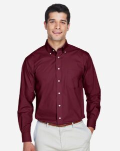 Devon & Jones D620 Men’s Crown Collection® Broadcloth Woven Dress Shirt – Burgundy (on model)