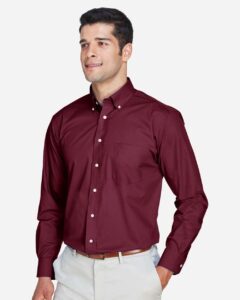 Devon & Jones D620 Men’s Crown Collection® Broadcloth Woven Dress Shirt – Burgundy (on model side)