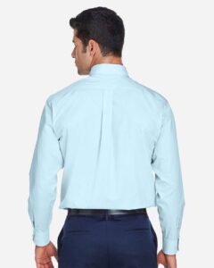 Devon & Jones D620 Men’s Crown Collection® Broadcloth Woven Dress Shirt – Crystal Blue (on model back)