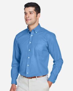 Devon & Jones D620 Men’s Crown Collection® Broadcloth Woven Dress Shirt – French Blue (on model side)