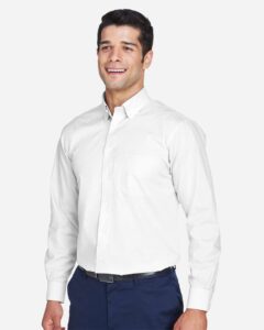 Devon & Jones D620 Men’s Crown Collection® Broadcloth Woven Dress Shirt – White (on model side)