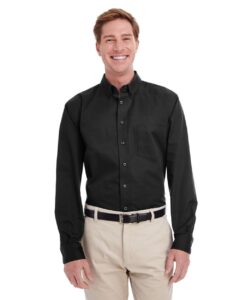 Harriton M581 Men’s Foundation Cotton Twill Dress Shirt with Teflon – Black (on model)