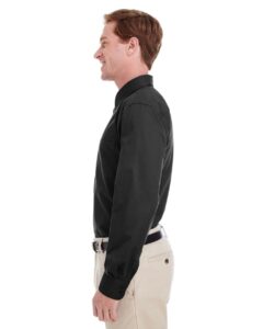 Harriton M581 Men’s Foundation Cotton Twill Dress Shirt with Teflon – Black (on model side)