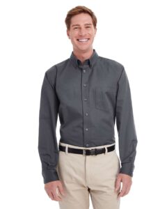 Harriton M581 Men’s Foundation Cotton Twill Dress Shirt with Teflon – Dark Charcoal (on model)