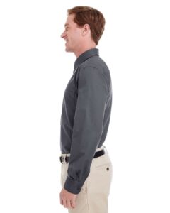 Harriton M581 Men’s Foundation Cotton Twill Dress Shirt with Teflon – Dark Charcoal (on model side)