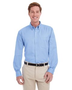 Harriton M581 Men’s Foundation Cotton Twill Dress Shirt with Teflon – Industry Blue (on model)