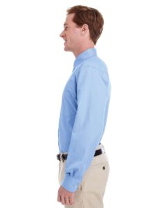 Harriton M581 Men’s Foundation Cotton Twill Dress Shirt with Teflon – Industry Blue (on model side)