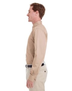Harriton M581 Men’s Foundation Cotton Twill Dress Shirt with Teflon – Khaki (on model side)