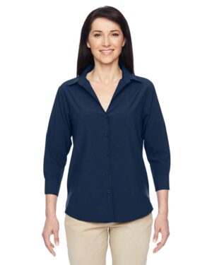 Harriton M610W Women’s Paradise Three-Quarter Pullover Sleeve Performance Shirt – Navy (on model)