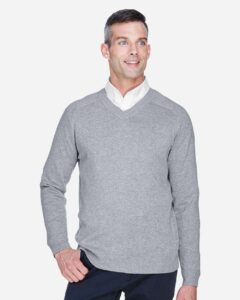 Devon & Jones D475 Men’s V-Neck Sweater – Grey Heather (on model)