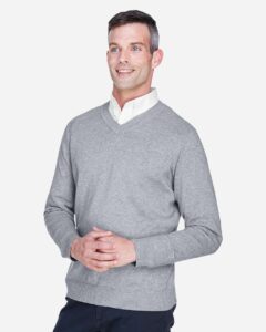 Devon & Jones D475 Men’s V-Neck Sweater – Grey Heather (on model side)