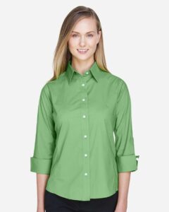 Devon & Jones DP625W Women’s Perfect Fit™ Three-Quarter Sleeve Stretch Poplin Dress Shirt – Lime (on model)