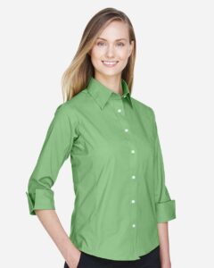 Devon & Jones DP625W Women’s Perfect Fit™ Three-Quarter Sleeve Stretch Poplin Dress Shirt – Lime (on model side)