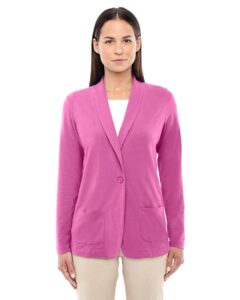 Devon & Jones DP462W Women’s Perfect Fit™ Shawl Collar Cardigan – Charity Pink (on model)