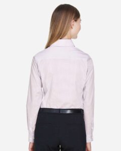 Devon & Jones DG510W Women’s Crown Collection® Micro Tattersall Woven Dress Shirt – White/ Burgundy/ Silver (on model back)