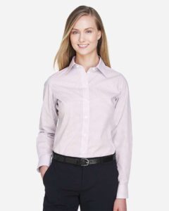 Devon & Jones DG510W Women’s Crown Collection® Micro Tattersall Woven Dress Shirt – White/ Burgundy/ Silver (on model)