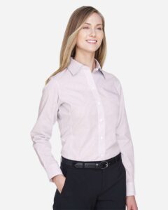 Devon & Jones DG510W Women’s Crown Collection® Micro Tattersall Woven Dress Shirt – White/ Burgundy/ Silver (on model side)