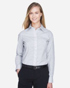 Devon & Jones DG510W Women’s Crown Collection® Micro Tattersall Woven Dress Shirt – White/ Navy/ Crystal (on model)