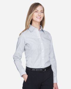 Devon & Jones DG510W Women’s Crown Collection® Micro Tattersall Woven Dress Shirt – White/ Navy/ Crystal (on model side)