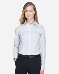 Devon & Jones DG510W Women’s Crown Collection® Micro Tattersall Woven Dress Shirt – White/ Silver/ Slate (on model)