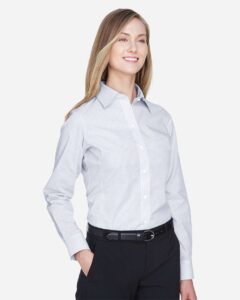 Devon & Jones DG510W Women’s Crown Collection® Micro Tattersall Woven Dress Shirt – White/ Silver/ Slate (on model side)